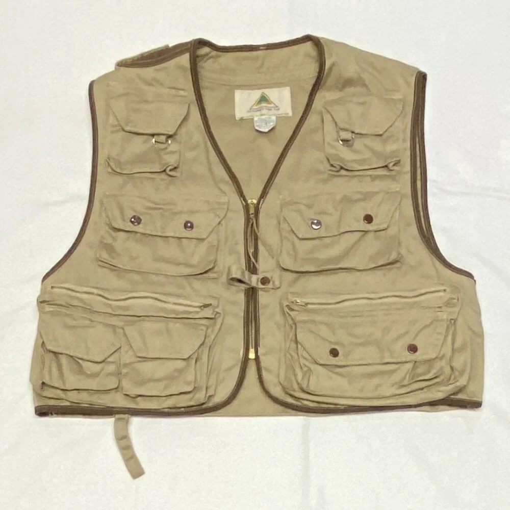 Stansport Vintage Outdoor Fish Hunt Angler Utility Pocket Pouch Vest Tan Brown L